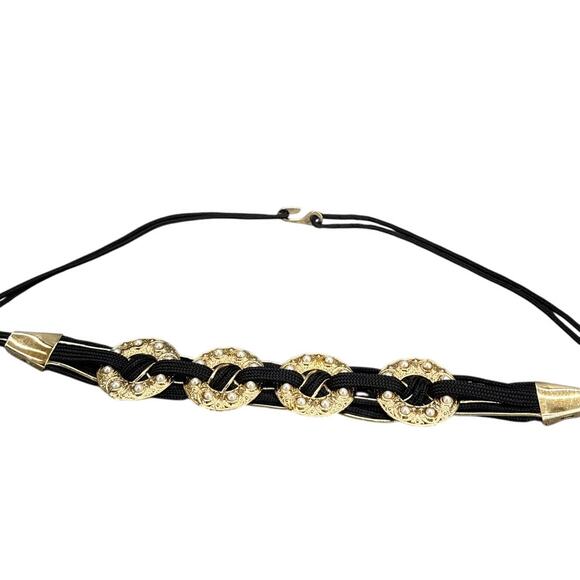 Vintage Black Gold Woven Braided Pearl Hammered Metal Concho Rope Belt Women - Picture 7 of 11